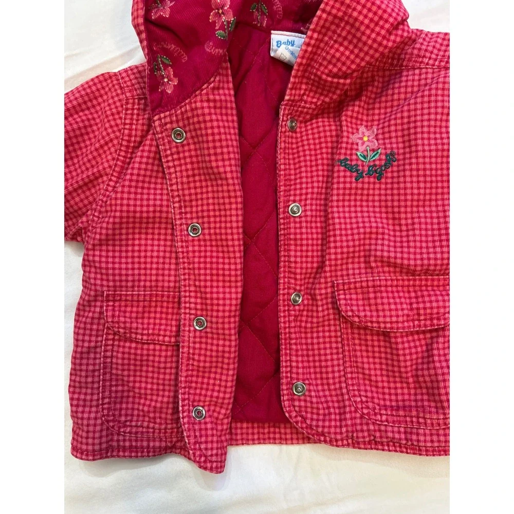 Unique Vintage Baby OshKosh Bgosh Pink Gingham Hooded Quilted Jacket Floral 12m‎